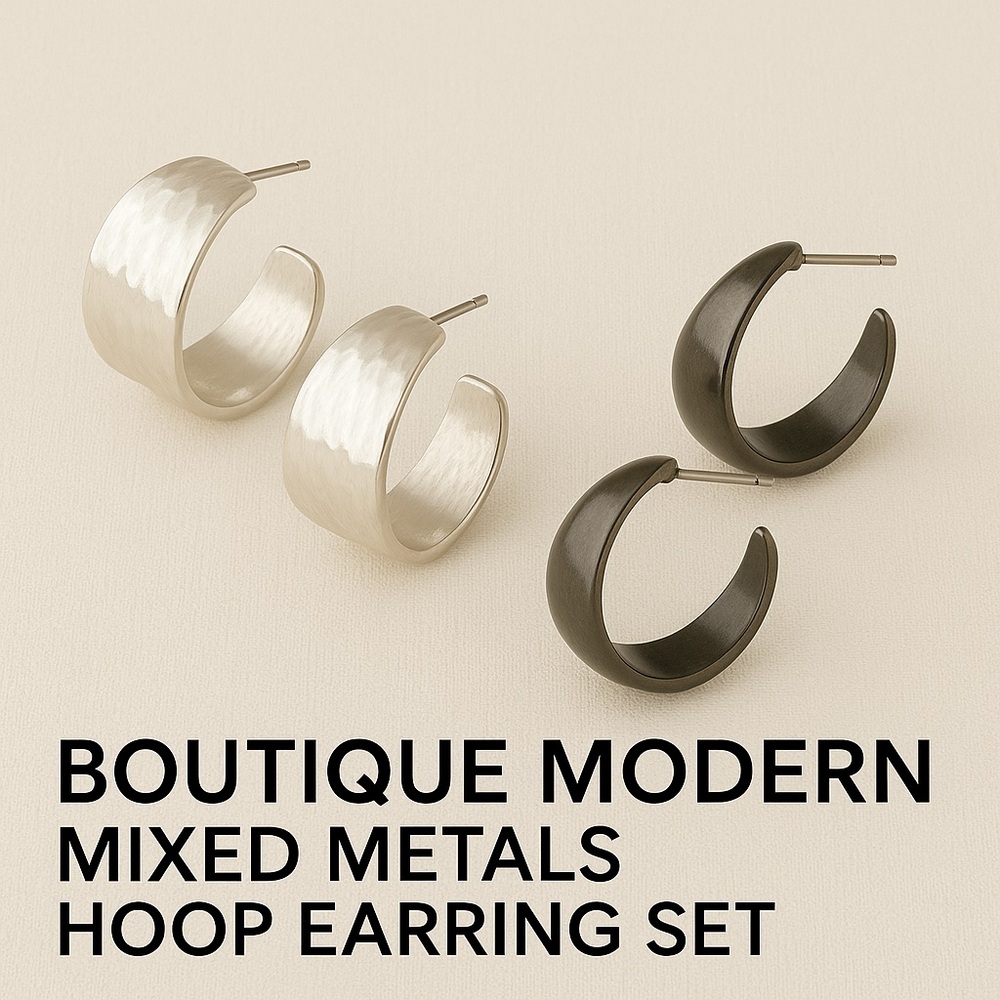 Boutique Modern Mixed Metals Wide Hoop Earring Set Silver & Gunmetal
